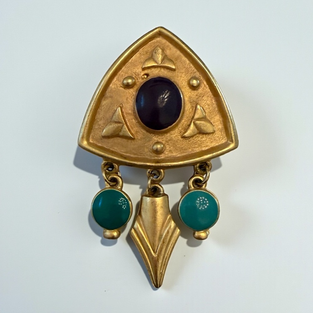 Vintage ‘80s Etruscan Revival Bold Brushed Gold & Jewel Toned Estate Brooch